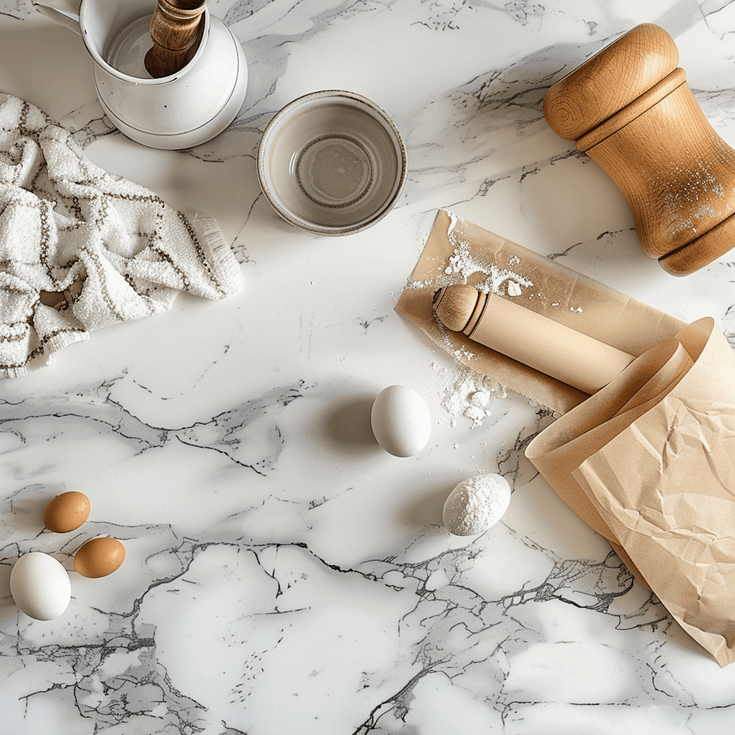 Eggs, flour and a wooden rolling pin laid out on a marble counter